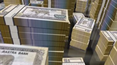 Nepal parası, Nepal rupisi, para döngüsü. 3D uçuş 500 'den fazla NPR banknotları kuleleri istifliyor. Döngüsüz, soyut iş dünyası, ekonomi krizi ve finans kavramı.