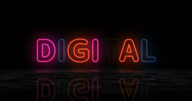 Dijital neon parlayan sembol. Renkli ampuller. Siber teknoloji soyut konsept 3D animasyon.