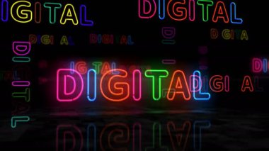 Dijital neon parlayan sembol. Renkli ampuller. Siber teknoloji soyut konsept 3D animasyon.