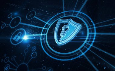 Kalkan sembollü dijital konseptli siber güvenlik bilgisayar koruması. Ağ ve teknoloji, arka plan soyut simge 3d illüstrasyonunu imzaladı.