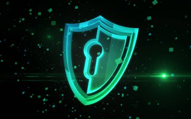 Kalkan sembolü dijital soyut konsept holografik camlı siber güvenlik koruması. Teknoloji arka planı 3d nesne illüstrasyonu.