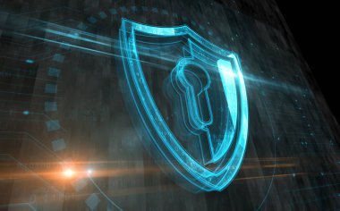 Kalkan sembollü dijital konseptli siber güvenlik bilgisayar koruması. Ağ ve teknoloji, arka plan soyut simge 3d illüstrasyonunu imzaladı.