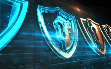 Kalkan sembollü dijital konseptli siber güvenlik bilgisayar koruması. Ağ ve teknoloji, arka plan soyut simge 3d illüstrasyonunu imzaladı.