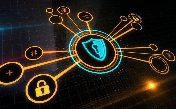 Cyber security computer protection with shield symbol digital concept. Network and technology sign background abstract icon 3d illustration.