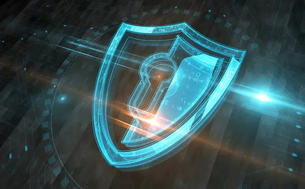 Cyber security computer protection with shield symbol digital concept. Network and technology sign background abstract icon 3d illustration.