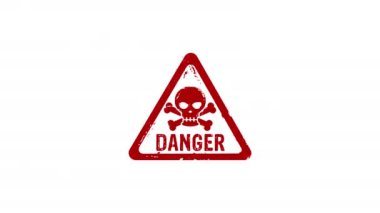 Tehlike damgası ve el damgası darbesi izole edilmiş animasyon. Kafatası sembolü 3 boyutlu uyarı. Alfa mat kanalı.