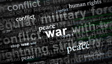 Savaş, barış ve insan hakları. Manşet haberleri uluslararası medya soyut kavramı 3D illüstrasyon.