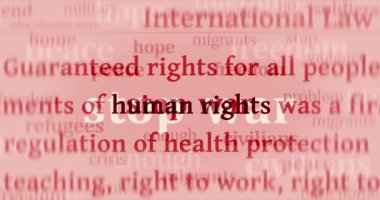 Savaş, barış ve insan hakları. Haber başlıkları uluslararası medya soyut kavram döngüsü. Kusursuz ve döngülü 3D canlandırma.