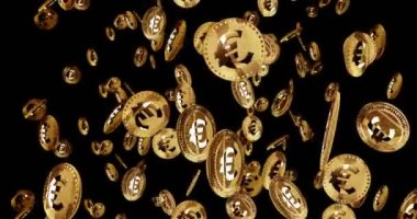 Avrupa kripto para birimi CBDC altın sikke yağmuru geçmişini izole etti. Dönen altın metal sikkeler düşen döngüler soyut kavramlardır. Döngüsüz ve kusursuz animasyon.