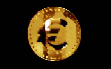 Euro EUR şifreleme altın sikkesi retro piksel mozaik 80 'ler tarzında. Dönen altın metal soyut konsept 3D illüstrasyon.