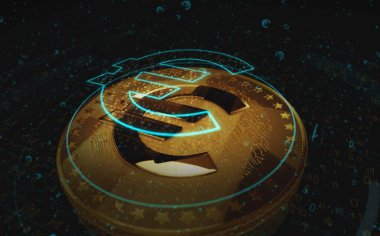 Euro CBDC kripto para birimi yeşil ekran arka planında. Soyut konsept 3d illüstrasyon.