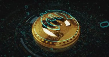Avrupa kripto para birimi CBDC 'nin altın sikkesi dönüyor. Kamera 3 boyutlu metal parlaklıklar etrafında döner. Fintech, çevrimiçi ödeme ve dijital işlem soyut kavramı.
