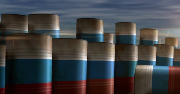 Negocio Ruso Gasolina Barriles Extracción Combustible Concepto Fila Peligrosa Precaución — Vídeos de Stock