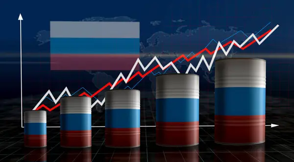 Russia oil crude petroleum fuel barrels on growing chart. Russian petrol business and fuel extraction industrial metal containers with increase statistic diagram 3d illustration.
