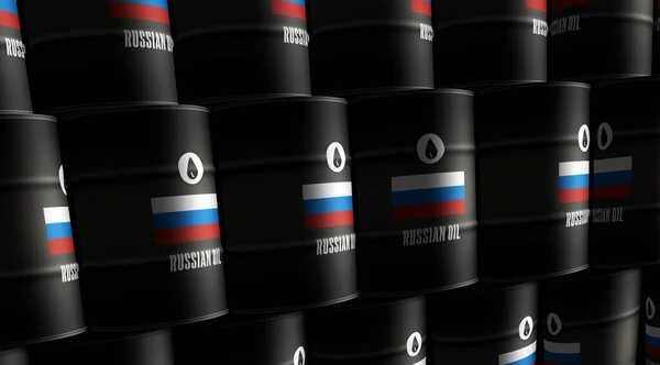 Russia oil crude petroleum fuel barrels in row concept. Russian petrol business and fuel extraction industrial containers 3d illustration.