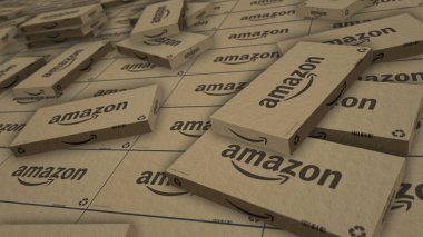 Poznan, Poland, January 2, 2024: Amazon e-commerce box production line. E-business and online retail company. Cardboard pack factory. Abstract concept 3d rendering illustration.