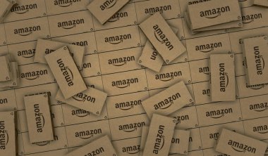 Poznan, Poland, January 2, 2024: Amazon e-commerce box production line. E-business and online retail company. Cardboard pack factory. Abstract concept 3d rendering illustration.