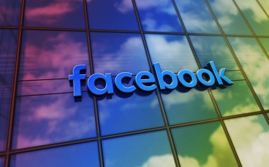 Menlo Park, USA, January 3, 2024: Facebook headquarters glass building concept. Social media and networking service symbol logo on front facade 3d illustration.