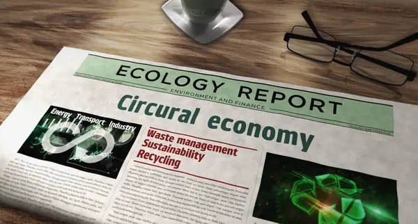 循環型経済とエコロジーゼロ廃棄物産業の日刊紙をテーブルに載せている ニュース抽象コンセプト3Dイラスト ストック画像