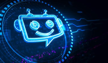 Chatbot ai çevrimiçi asistan desteği ve yapay zeka sohbet robotu dijital konsepti. Ağ, siber teknoloji ve bilgisayar arkaplanı soyut 3D resimleme.
