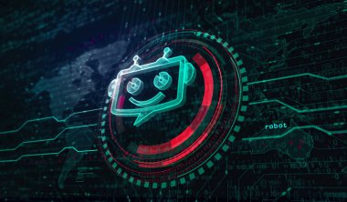Chatbot ai çevrimiçi asistan desteği ve yapay zeka sohbet robotu dijital konsepti. Ağ, siber teknoloji ve bilgisayar arkaplanı soyut 3D resimleme.