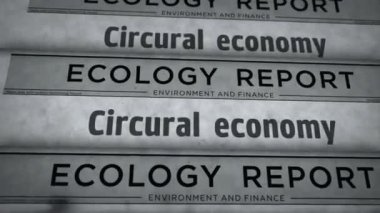 Dairesel ekonomi ve ekoloji sıfır atık endüstrisi vintage haber ve gazete baskısı. Soyut konsept retro başlıklar 3d siyah ve beyaz.