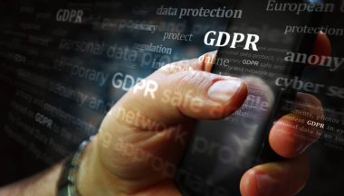 GDPR veri koruma düzenlemesi ve özel güvenlik sosyal medya ekranda. Tablet, ped, telefon ya da akıllı telefon ekranında aranıyor. Haber başlıklarının soyut konsepti 3d illüstrasyon.