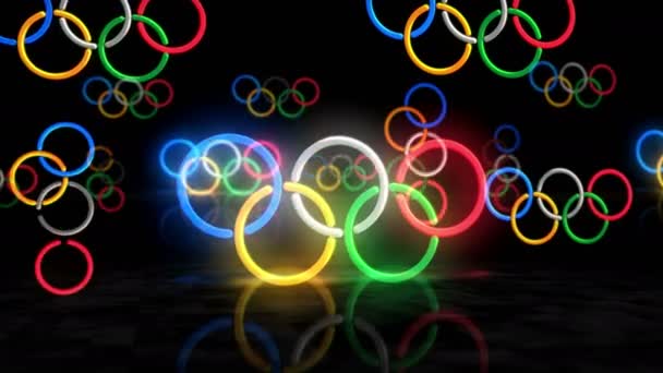 Poznan Polonia Gennaio 2024 Anelli Olimpici Simbolo Luminoso Neon Lampadine — Video Stock
