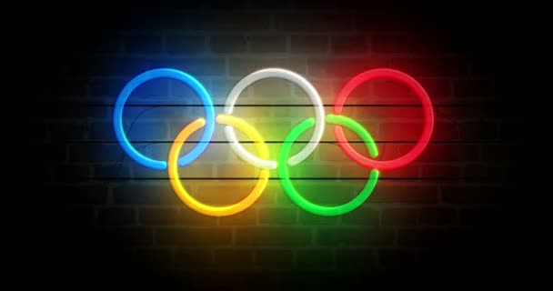 Posen Polen Januar 2024 Olympische Ringe Neonfarbenes Symbol Der Ziegelwand — Stockvideo