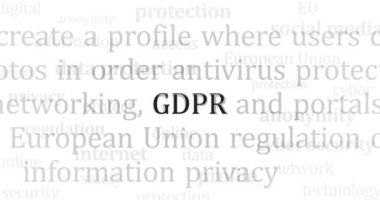 GDPR veri koruma düzenlemesi ve uluslararası medyada özel güvenlik manşeti haberleri. Ekranlardaki internet haber başlıklarının soyut kavramı. Kusursuz ve döngülü animasyon.