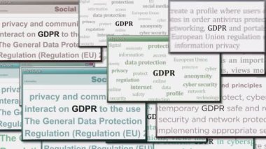 GDPR veri koruma yönetmeliği ve gizlilik güvenliği bilgisayar ekranında açılır. Medya boyunca haber başlıklarının soyut konsepti. Kusursuz ve döngülü ekran.
