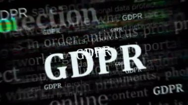 GDPR veri koruma düzenlemesi ve uluslararası medyada özel güvenlik manşeti haberleri. Gürültü görüntüleme döngüsündeki haber başlıkları kavramı. TV arıza efekti pürüzsüz ve döngülü.