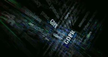 GDPR veri koruma düzenlemesi ve özel güvenlik manşeti haber başlıkları medyada. Soyut konsept döngü gösterir. Ekranlar arasında uçma efekti pürüzsüz ve döngülü 3d.