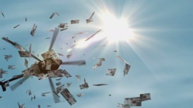 Gambiya parası Gambiya Dalasis helikopterden düşen paraları finanse ediyor. 100 GMD notası soyut 3D enflasyon, para basma, finans, ekonomi, kriz ve niceliksel kolaylık kavramı.