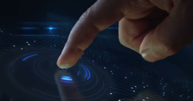 5G mobil ağ teknolojisi iot ve akıllı telefon iletişim sembolü dijital soyut 3D konsept. Parmak dokunuşu ekranı. Siber teknoloji ve ağ geçmişi. Adam bilgisayar ekranını itiyor.