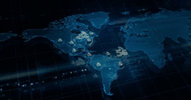 Dünya haritası üzerinde 5G mobil ağ teknolojisi ve akıllı telefon iletişim sembolleri. Kusursuz döngülü teknoloji kavramı.