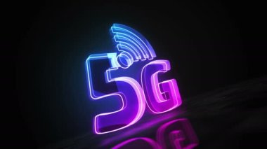 5G mobil ağ teknolojisi iot ve akıllı telefon iletişim sembolü dijital soyut konsept holografik cam. Siber teknoloji ve bilgisayar arkaplan 3D nesne.