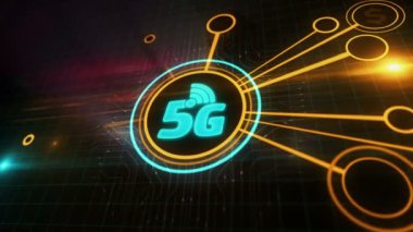 5G mobil ağ teknolojisi iot ve akıllı telefon iletişim sembolü dijital kavram. Siber teknoloji ve bilgisayar ağı arkaplanı soyut 3d canlandırması.