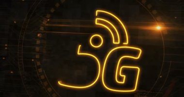 5G mobil ağ teknolojisi iot ve akıllı telefon iletişim sembolü dijital kavram. Siber teknoloji ve bilgisayar arkaplanı 3 boyutlu. Kusursuz ve döngüsüz.