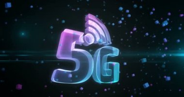 5G mobil ağ teknolojisi iot ve akıllı telefon iletişim sembolü dijital soyut konsept holografik cam. Siber teknoloji ve bilgisayar arkaplan 3D nesne.