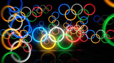 Poznan, Polonya, 7 Ocak 2024: Olimpiyat yüzüğü neon sembolü. Uluslararası Olimpiyat Oyunları ampulleri imzaladı. Soyut konsept 3d illüstrasyon.