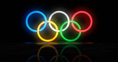 Poznan, Polonya, 7 Ocak 2024: Olimpiyat yüzüğü neon sembolü. Uluslararası Olimpiyat Oyunları ampulleri imzaladı. Soyut konsept 3d illüstrasyon.