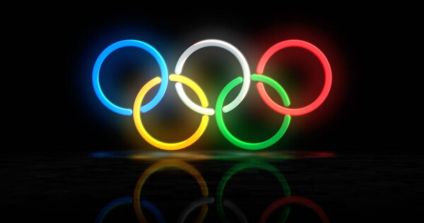 Poznan, Poland, January 7, 2024: Olympic rings neon symbol. International Olympic Games sign light color bulbs. Abstract concept 3d illustration.