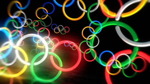 ポズナン ポーランド 2024年1月7日 オリンピック指輪ネオンシンボル 国際オリンピックサインライトカラーバルブ 抽象概念3Dイラスト ストック写真