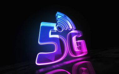 5G mobil ağ teknolojisi iot ve akıllı telefon iletişim sembolü dijital soyut konsept holografik cam. Siber teknoloji ve bilgisayar arkaplan 3D nesne.