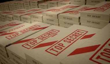 Çok gizli kutu üretim hattı. Gizli belgeler, karton paket fabrikası. Soyut konsept 3D resimleme.