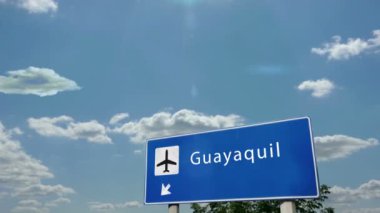 Guayaquil Ekvador Jet uçağı iniyor. Havaalanı istikameti işaretli şehir gelişi. Seyahat, iş, turizm ve uçak taşımacılığı kavramı.