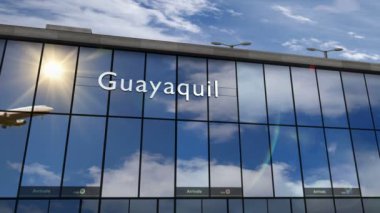 Uçak Guayaquil, Ekvador 3D 'ye iniyor. Cam havaalanı terminali ve jet uçağının yansımasıyla şehre vardık. Seyahat, iş, turizm ve ulaşım 3D konsepti.