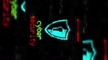 Dikey video: Siber güvenlik ve kalkan sembolü teknoloji döngüsü kavramı. Ekranlarda soyut işaret var. Kusursuz ve döngülü.