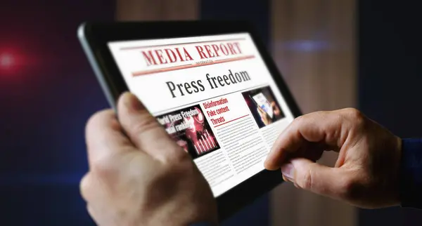 Press freedom and free journalism daily newspaper reading on mobile tablet computer screen. Man touch screen with headlines news abstract concept 3d illustration.